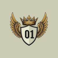 A heraldic emblem featuring a golden crown atop a shield with the number one flanked by golden wings. vector