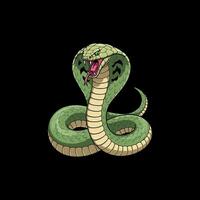 The image showcases a stylized illustration of a green cobra snake with its hood expanded in a defensive posture. vector