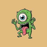 A comical illustration of a single-eyed green monster with a protruding tongue, showcasing a scared or surprised expression. vector
