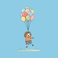 A young boy is lifted into the air by a bunch of colorful balloons against a light blue sky. vector