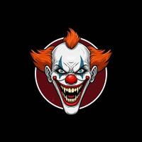 A menacing illustration of an evil clown face featuring sharp teeth and vibrant red hair against a dark background. vector
