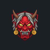 A stylized illustration of a red oni mask with horns, sharp teeth, and gold earrings set against a dark background within a shield shape. vector