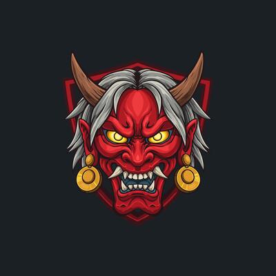 A stylized illustration of a red oni mask with horns, sharp teeth, and gold earrings set against a dark background within a shield shape.