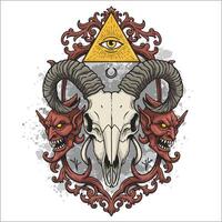 A ram skull is centrally positioned within an ornate frame flanked by two demonic heads, all overlaid with an Illuminati-style symbol. vector