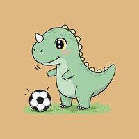 A cute cartoon dinosaur with a horn is happily playing with a soccer ball on a patch of green grass. vector