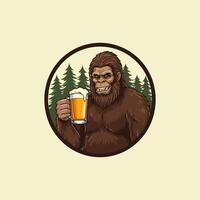 A smiling Bigfoot holds a glass of beer while standing in a forest. vector