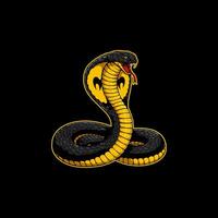 The image showcases a stylized illustration of a black and gold cobra in an aggressive pose. vector