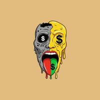 The image depicts a surreal illustration of a face melting into dollar signs symbolizing the duality of wealth and mortality. vector