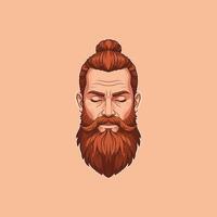 A stylized illustration of a redhead man with a topknot and a full, long beard his eyes are closed. vector