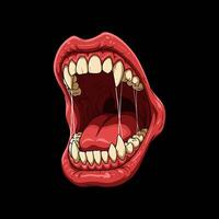 A stylized illustration of a wide open mouth with prominent fangs, red lips, and a visible tongue. vector
