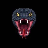 A detailed illustration depicts the head of a venomous snake with its mouth open revealing sharp fangs and a forked tongue. vector