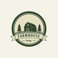 A stylized vintage badge depicting a farmhouse barn nestled between two trees on a field. vector