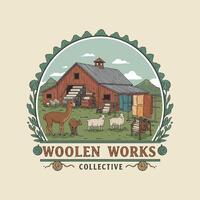 A rustic illustration depicting a woolen works collective showcasing alpacas, sheep, a barn, and wool processing machinery. vector