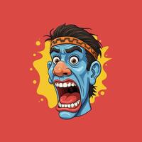 The image depicts a stylized cartoon head with blue skin screaming against a red and yellow background. vector
