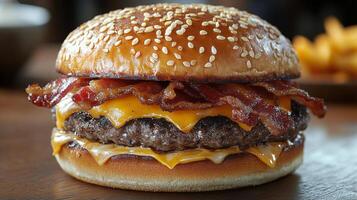 Delicious cheeseburger topped with crispy bacon enjoys a close-up at a restaurant photo