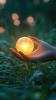 Holding a glowing sphere of light in a lush green forest during sunset photo
