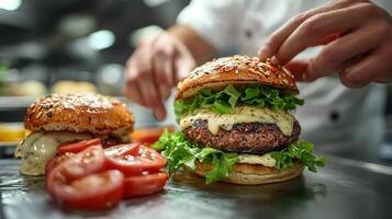 Chef preparing a delicious gourmet burger with fresh ingredients in a bustling kitchen at lunchtime photo