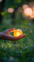 Holding a glowing sphere of light in a lush green forest during sunset photo