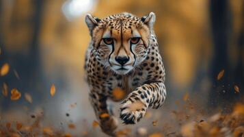 Cheetah sprinting through a forest in autumn, showcasing speed and agility in motion photo