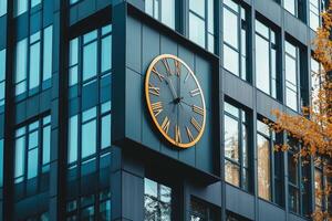 Modern building entrance with large clock in afternoon sunlight near urban park photo