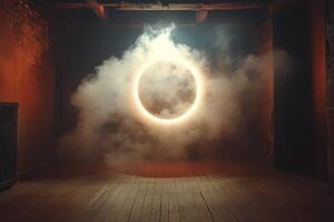 Mysterious glowing moon illuminating a foggy room at night photo