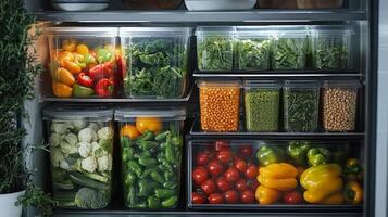 Organized refrigerator with fresh vegetables and legumes for meal preparation photo