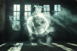 Mysterious glowing moon illuminating a foggy room at night photo