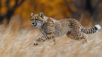 Cheetah sprinting through a forest in autumn, showcasing speed and agility in motion photo