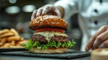 Chef preparing a delicious gourmet burger with fresh ingredients in a bustling kitchen at lunchtime photo