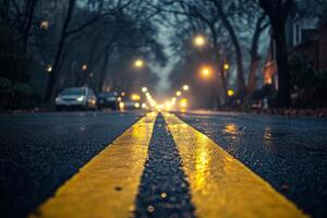 Rainy street view at night with bright yellow lines and city lights illuminating the wet pavement photo