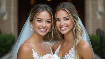 Two brides smiling joyfully in elegant dresses with light veils at a beautiful outdoor venue photo