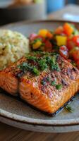 Delicious grilled salmon served with quinoa and fresh vegetable salad on a rustic plate photo