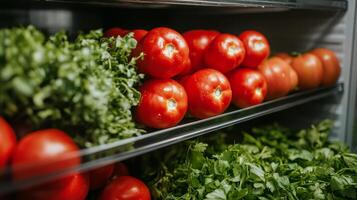 Organized refrigerator with fresh vegetables and legumes for meal preparation photo