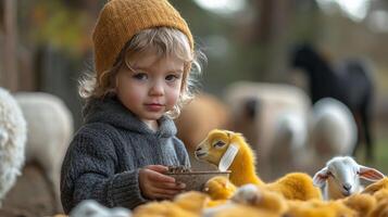 Young child interacts with animals on a farm during golden hour photo