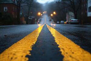 Rainy street view at night with bright yellow lines and city lights illuminating the wet pavement photo