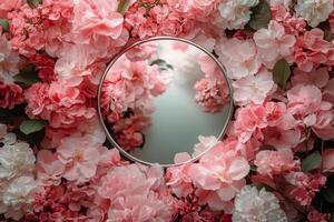 Pink flower arrangement surrounding a circular mirror creates a vibrant and serene atmosphere photo