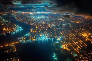 Vibrant city skyline illuminated at night with winding river and dramatic clouds photo