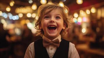 Joyful child in a festive atmosphere wearing a stylish hat during a vibrant celebration photo