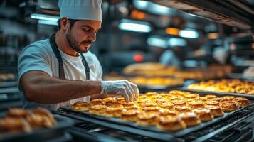 Baker prepares fresh tart pastries in a bustling kitchen during morning hours photo