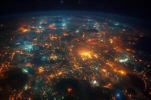Vibrant city skyline illuminated at night with winding river and dramatic clouds photo