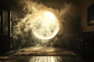 Mysterious glowing moon illuminating a foggy room at night photo