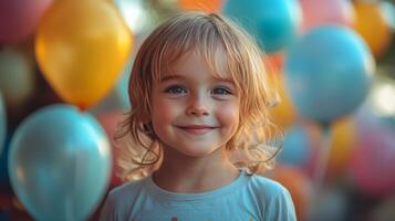Child enjoying colorful balloons during a lively street festival in the fall season photo