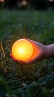 Holding a glowing sphere of light in a lush green forest during sunset photo