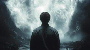 Mysterious figure standing before a powerful waterfall in a secluded natural landscape photo