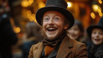 Smiling man in brown attire enjoying festive atmosphere at winter gathering in a lively market photo