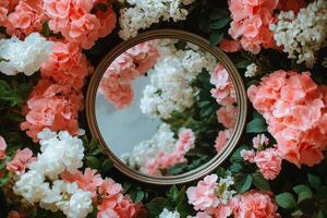 Pink flower arrangement surrounding a circular mirror creates a vibrant and serene atmosphere photo