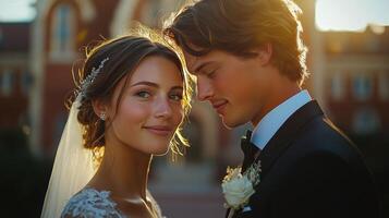 Two brides smiling joyfully in elegant dresses with light veils at a beautiful outdoor venue photo
