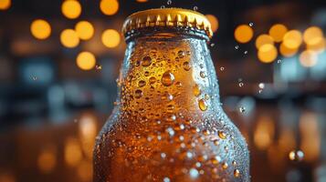 Refreshing beverage with droplets and bokeh background in dining setting during evening hours photo