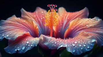 Beautiful hibiscus flower with water droplets showcasing vibrant colors in a close-up view photo