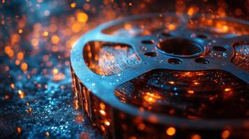 Artistic representation of a film reel surrounded by sparkling light effects photo